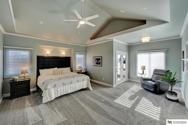 carpeted bedroom featuring ornamental molding, vaulted ceiling, access to exterior, and ceiling fan