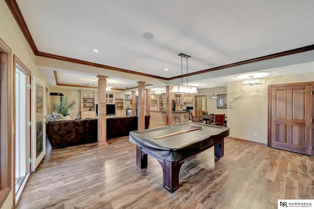 recreation room featuring ornate columns, crown molding, billiards, and light hardwood / wood-style flooring