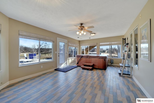 interior space featuring ceiling fan and dark hardwood / wood-style floors