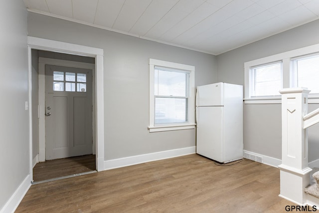 foyer entrance featuring ornamental molding, a healthy amount of sunlight, and light hardwood / wood-style flooring