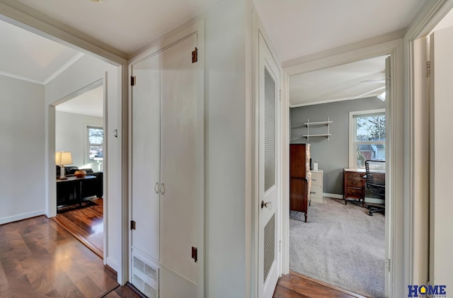 hallway with hardwood / wood-style flooring, ornamental molding, and a wealth of natural light