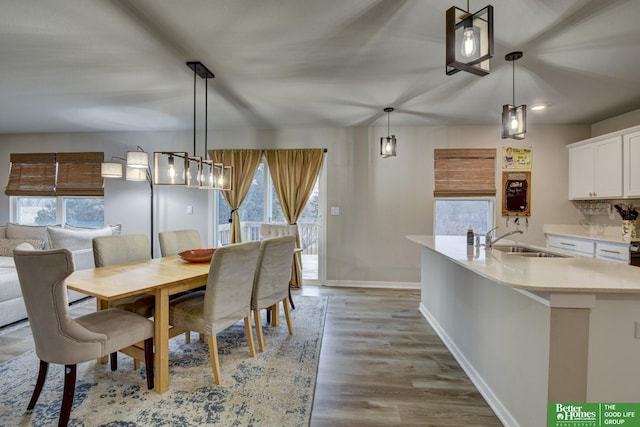 dining room featuring sink, a wealth of natural light, and light wood-type flooring