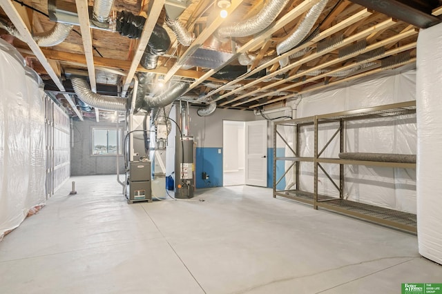 basement featuring heating unit and gas water heater