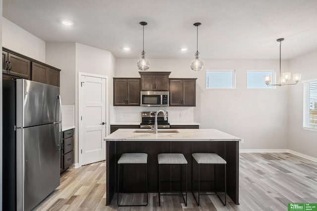 kitchen featuring appliances with stainless steel finishes, sink, a kitchen island with sink, and decorative light fixtures