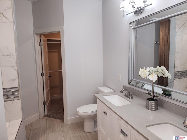 bathroom with vanity, a tile shower, and toilet