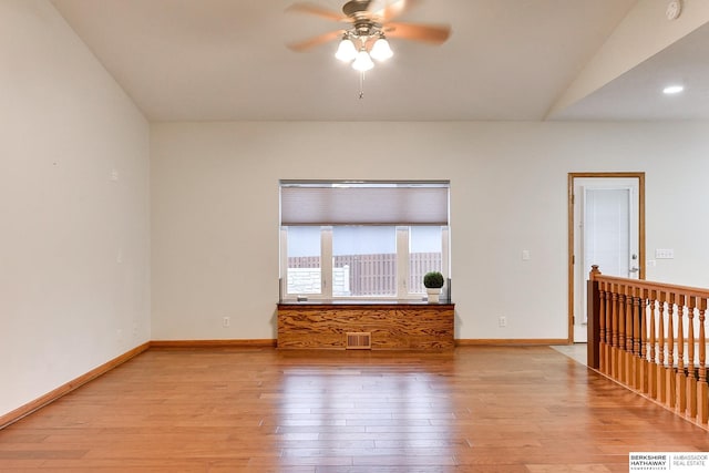 spare room with ceiling fan and light hardwood / wood-style flooring