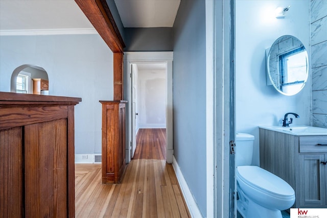 bathroom with vanity, hardwood / wood-style floors, and toilet