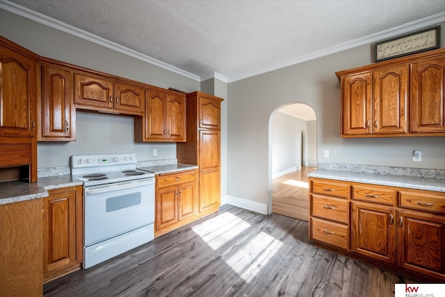 kitchen featuring ornamental molding, hardwood / wood-style floors, a textured ceiling, and white range with electric cooktop