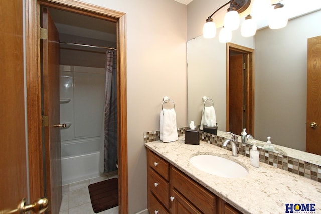 bathroom with vanity, shower / tub combo, and tile patterned floors