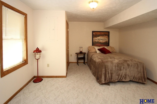 bedroom with light colored carpet and electric panel