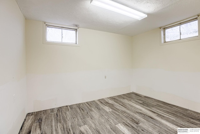 basement featuring wood-type flooring, a healthy amount of sunlight, and a textured ceiling