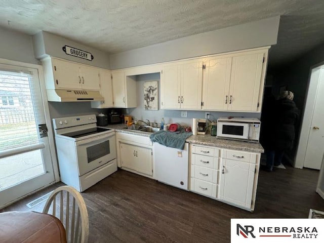 kitchen featuring dark hardwood / wood-style flooring, sink, white cabinets, and white appliances