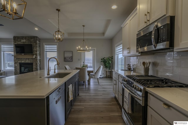 kitchen with sink, appliances with stainless steel finishes, white cabinetry, a tray ceiling, and an island with sink