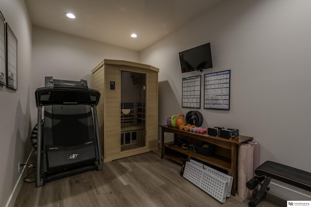 workout area featuring hardwood / wood-style floors