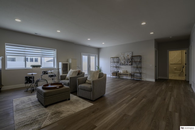 living room featuring dark wood-type flooring and french doors