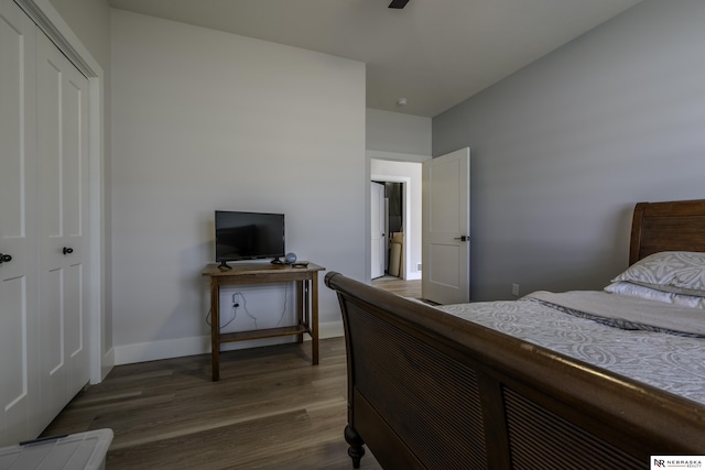 bedroom with dark wood-type flooring, ceiling fan, and a closet