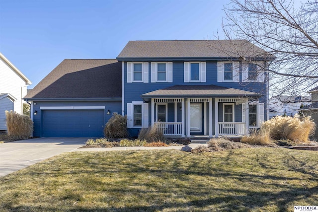 colonial inspired home featuring a garage, covered porch, and a front yard