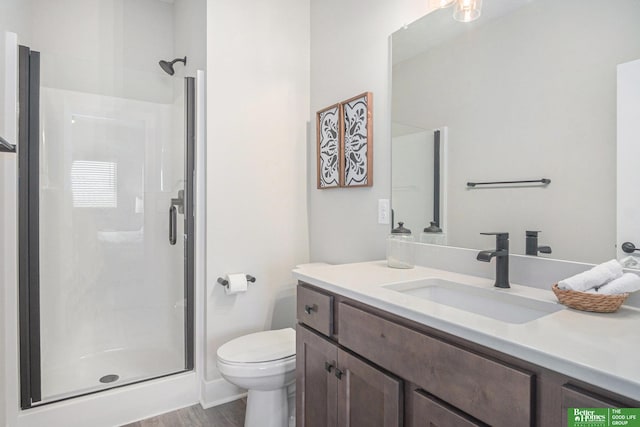 bathroom featuring vanity, toilet, and walk in shower