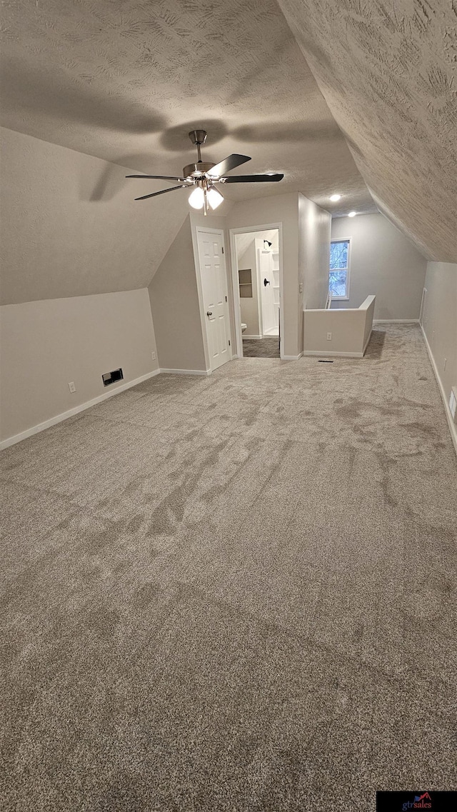 additional living space featuring carpet, lofted ceiling, and a textured ceiling