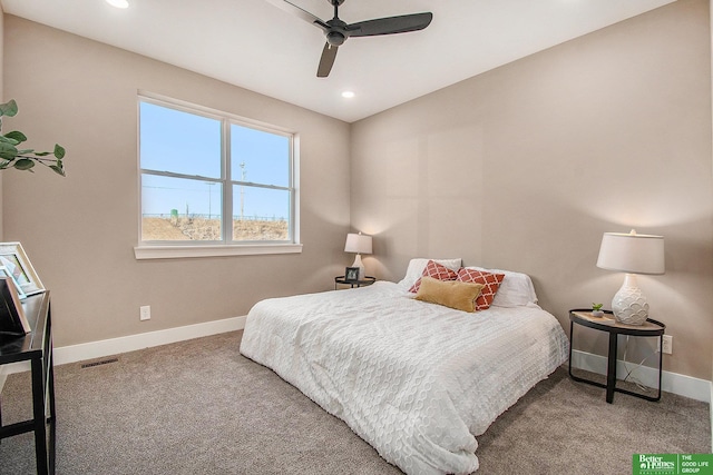 carpeted bedroom with ceiling fan