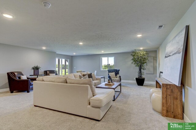 carpeted living room with a textured ceiling