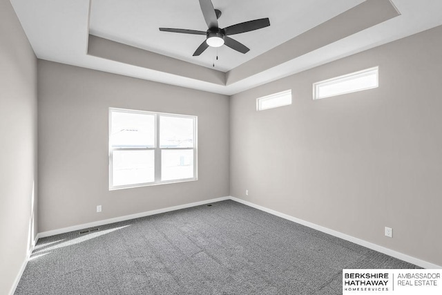 spare room with a raised ceiling, ceiling fan, and carpet