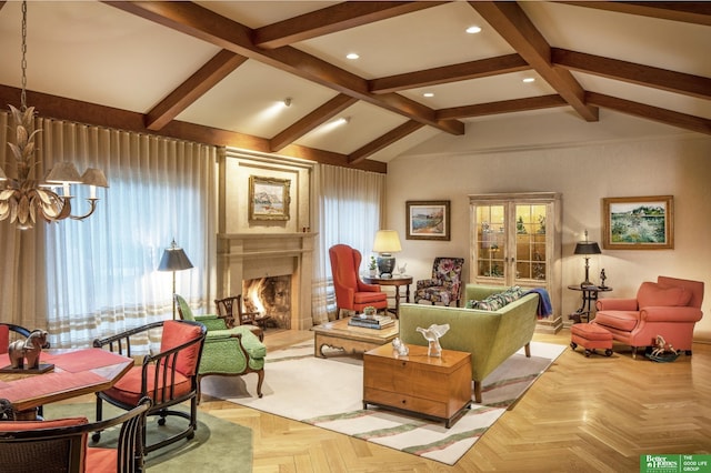 living room with a notable chandelier, lofted ceiling with beams, a large fireplace, french doors, and light parquet flooring