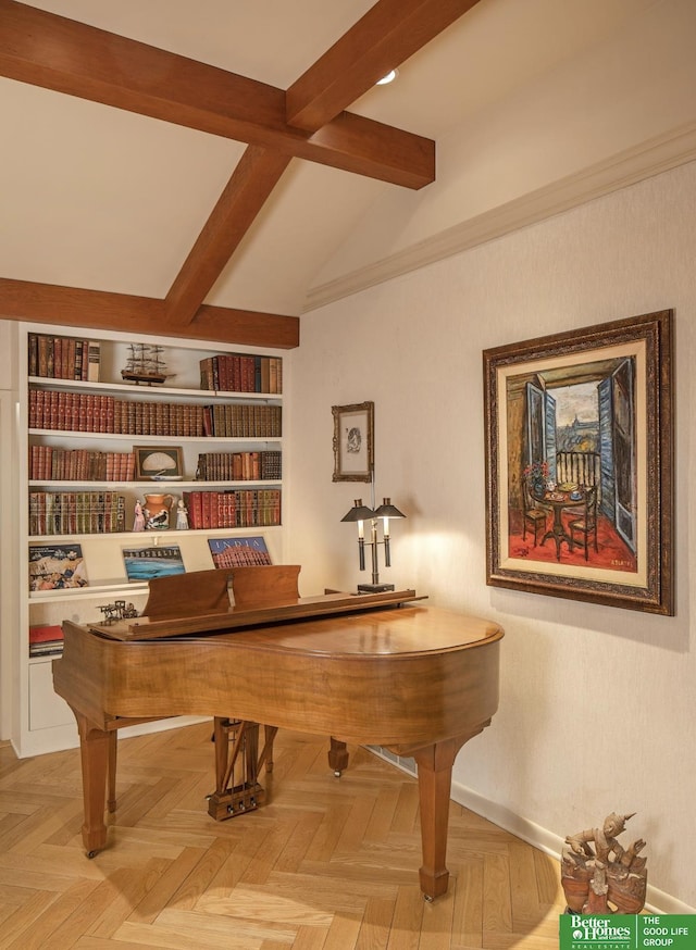 miscellaneous room featuring parquet floors and lofted ceiling with beams