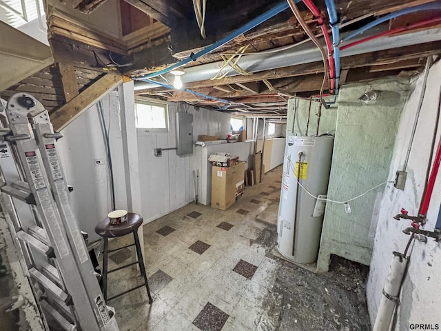 basement featuring electric panel and water heater