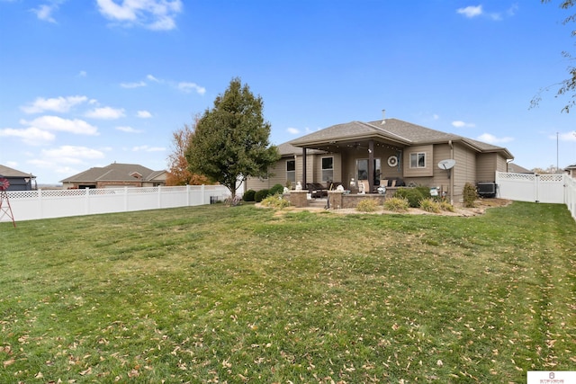 back of house with a yard, a patio area, and central air condition unit