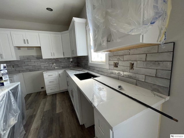 kitchen featuring white cabinets, light stone countertops, dark wood-style flooring, and backsplash