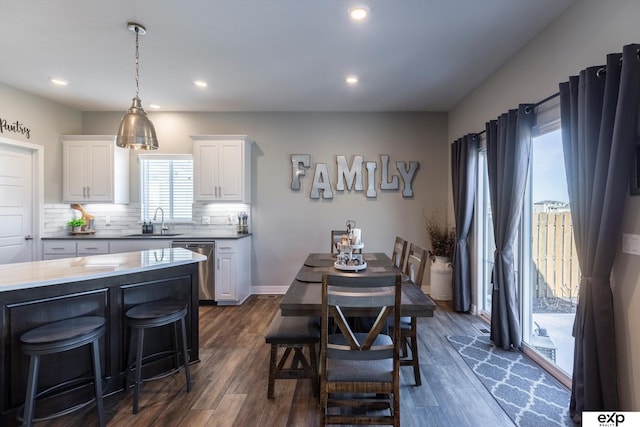 dining space featuring sink and dark hardwood / wood-style floors