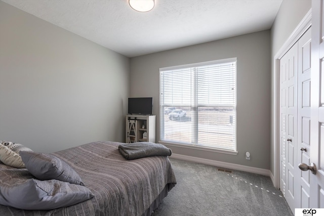 bedroom featuring multiple windows, carpet flooring, a textured ceiling, and a closet