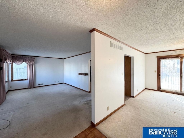 empty room with crown molding, light colored carpet, and a textured ceiling