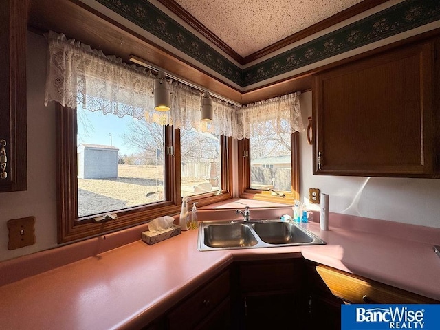 kitchen featuring pendant lighting, sink, and ornamental molding