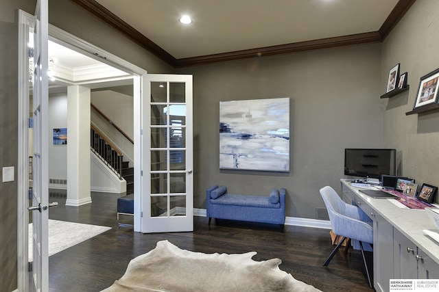 office area with ornamental molding, dark hardwood / wood-style floors, and french doors