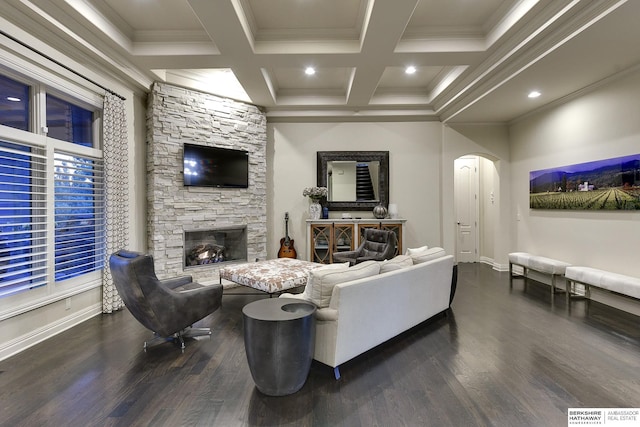 living room with crown molding, a stone fireplace, and dark hardwood / wood-style floors