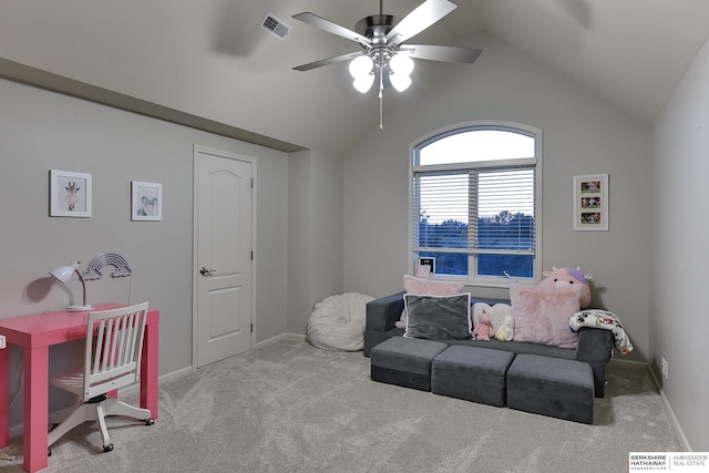 living room featuring ceiling fan, light colored carpet, and lofted ceiling