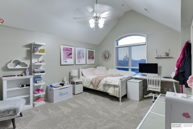 carpeted bedroom with lofted ceiling and ceiling fan