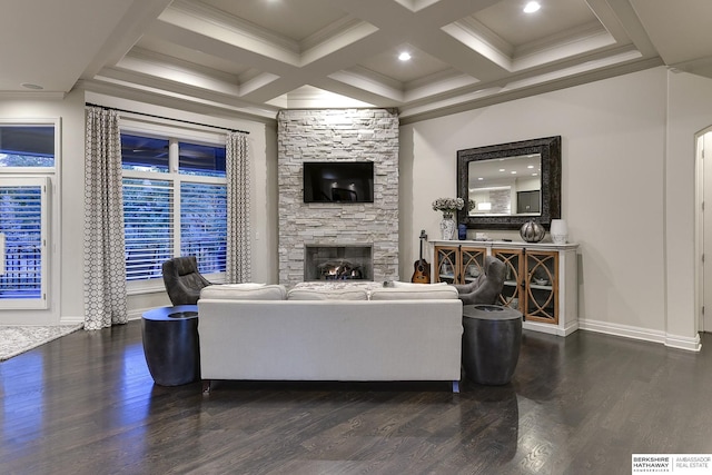 living room with crown molding, dark wood-type flooring, and a fireplace