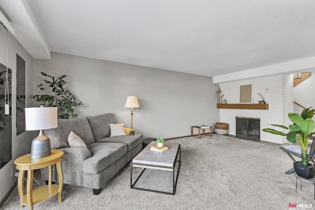 carpeted living room with a fireplace