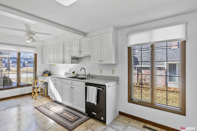 kitchen featuring sink, stainless steel dishwasher, ceiling fan, beam ceiling, and white cabinets