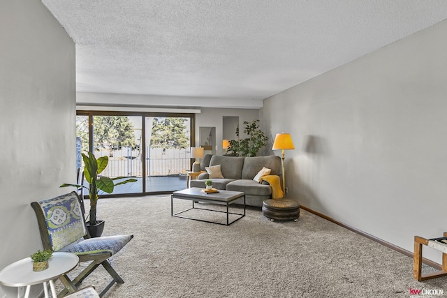 living room with carpet flooring and a textured ceiling