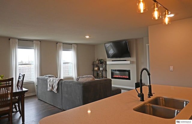 living room with dark hardwood / wood-style floors and sink