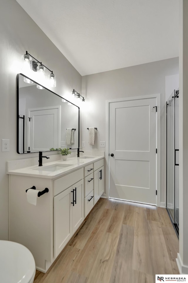 full bath featuring wood finished floors, a shower with shower door, a sink, and double vanity