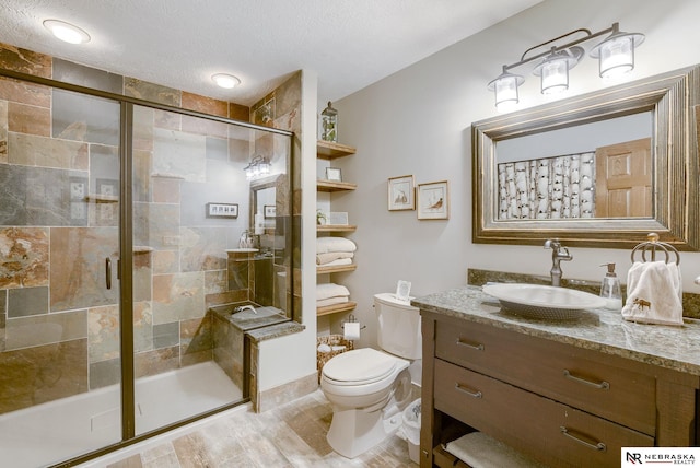 bathroom featuring a shower with door, vanity, a textured ceiling, and toilet