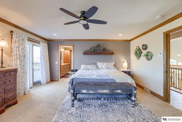 bedroom with ceiling fan, light colored carpet, ornamental molding, and access to outside