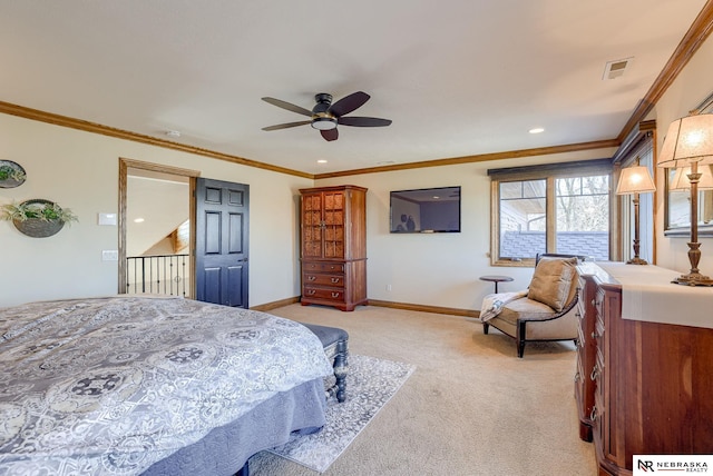 carpeted bedroom featuring crown molding and ceiling fan