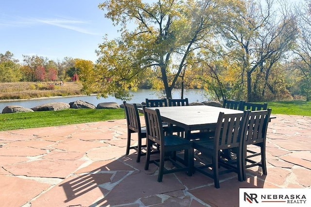 view of patio with a water view