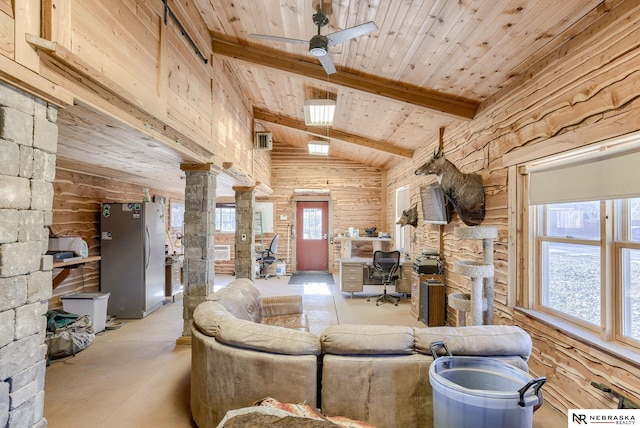 living room featuring a wall mounted air conditioner, decorative columns, ceiling fan, wooden ceiling, and beam ceiling